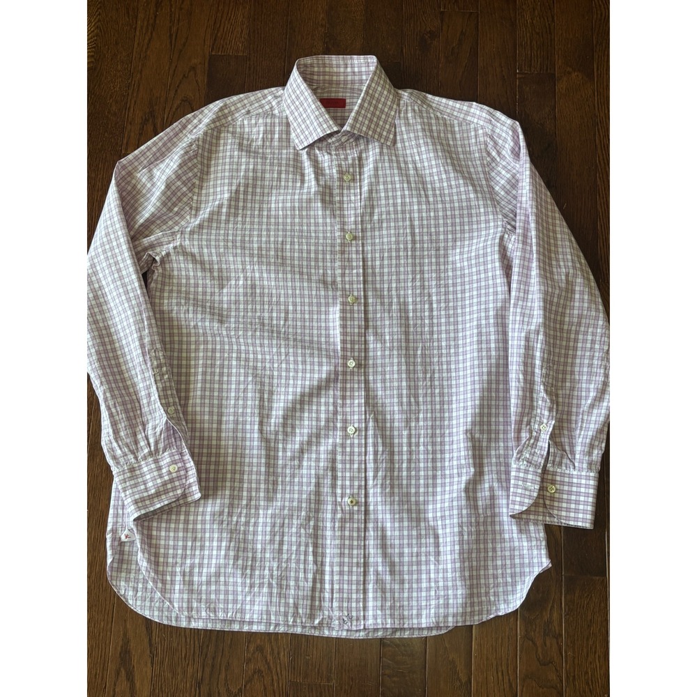 Isaia Napoli Mens Pink Purple White Plaid Cotton Button Down Shirt Italy 16.5 42